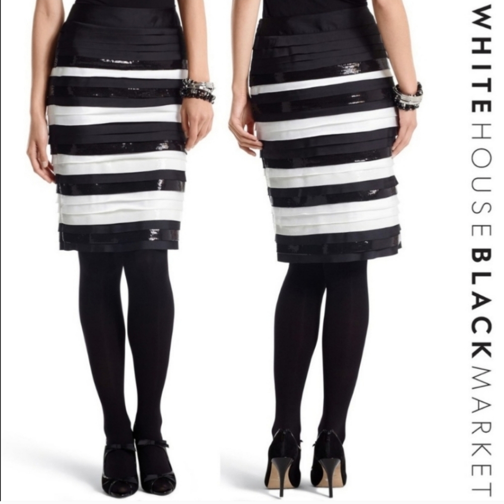 White House Black Market Black and White Layered Satin and Sequin Skirt Size 2